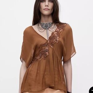 Elegant Brown Lace-Trimmed Women's Top